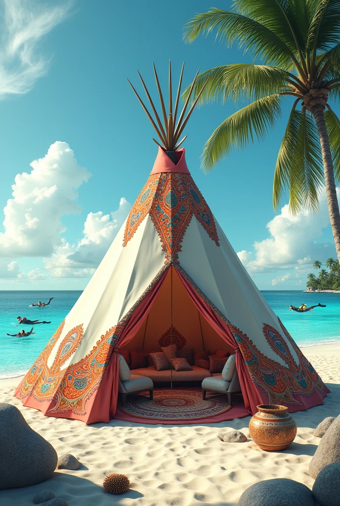 Luxury tepee on the seashore with divers