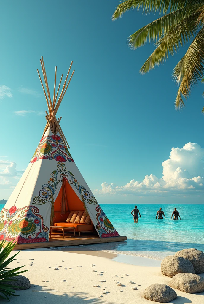 Luxury tepee on the seashore with divers