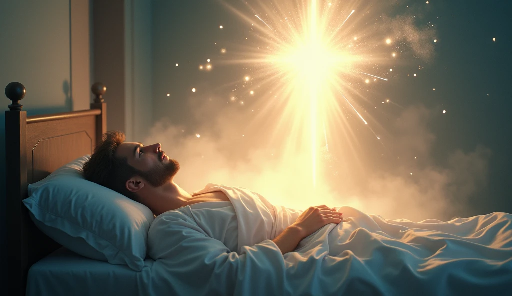 create images of a sick person in his bed receiving the presence of the holy spirit, performing the miracle of healing, that it is a bright environment with subtle colors, that transmits peace