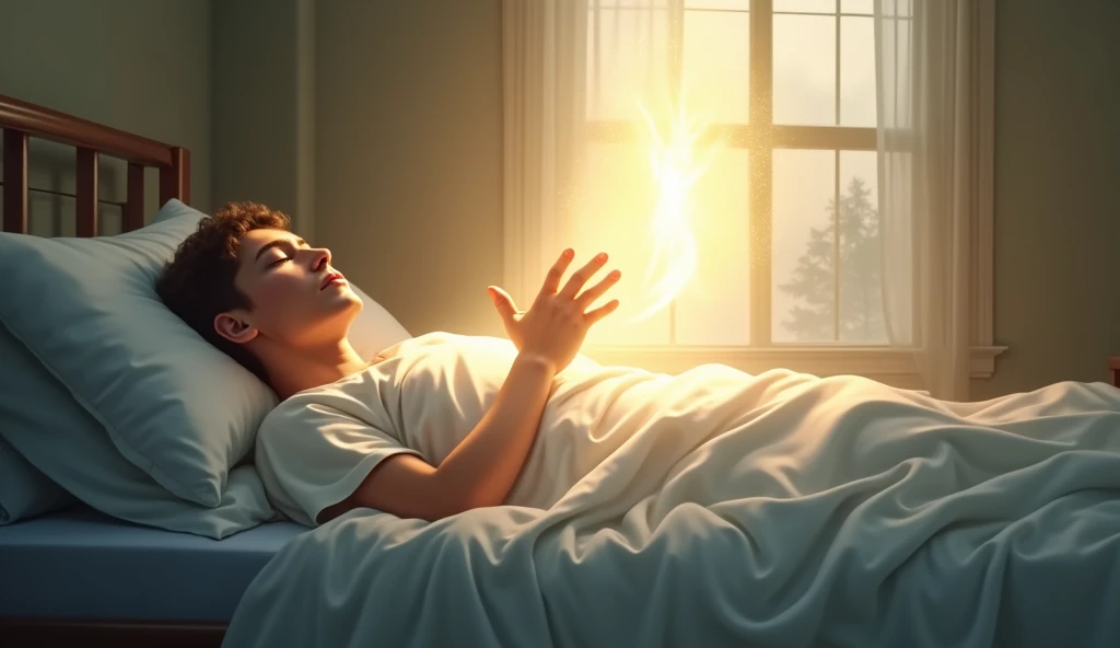 create images of a sick person in his bed receiving the presence of the holy spirit, performing the miracle of healing, that it is a bright environment with subtle colors, that transmits peace