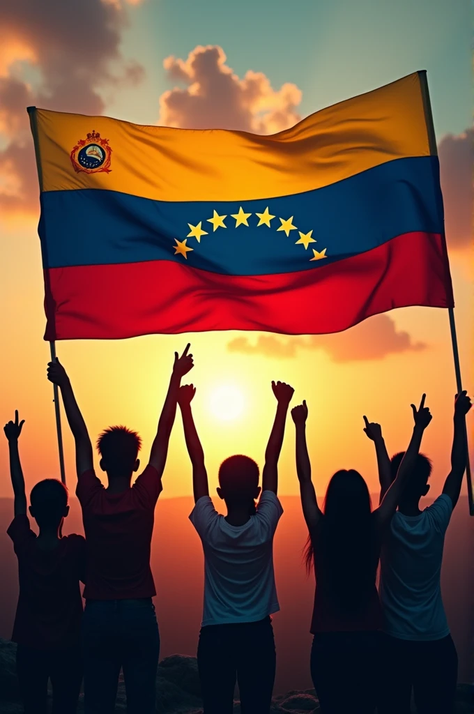 An image that symbolizes the liberation of Venezuelan adolescents and political prisoners from the Maduro dictatorship. Incorporate the flag of Venezuela, which has horizontal yellow, blue and red stripes and 7 stars on the blue stripe..