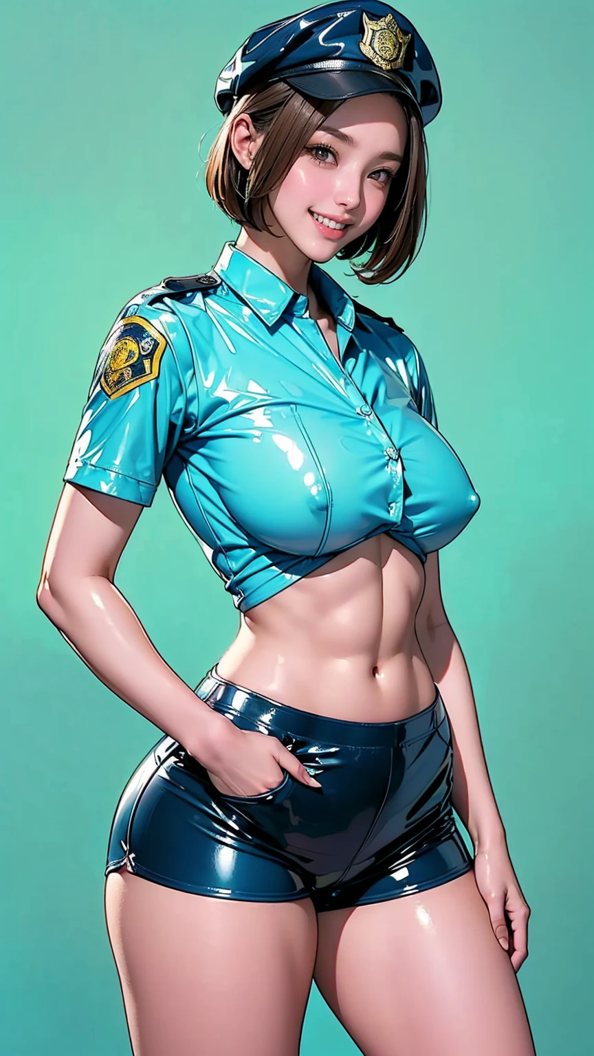 Blue blank background, (1girl:1.3), Photo from the waist up, Anatomically correct, Accurate Anatomy, Brown Hair, Wavy short hair, (Fitted clothing, Camel Knob, A light blue fitted shirt made of latex, Navy blue latex shorts, Police style:1.3), Smiling with some teeth showing, (Thick thighs:1.2), (Small Tits:1.3), (Six Pack Abs:1.3)