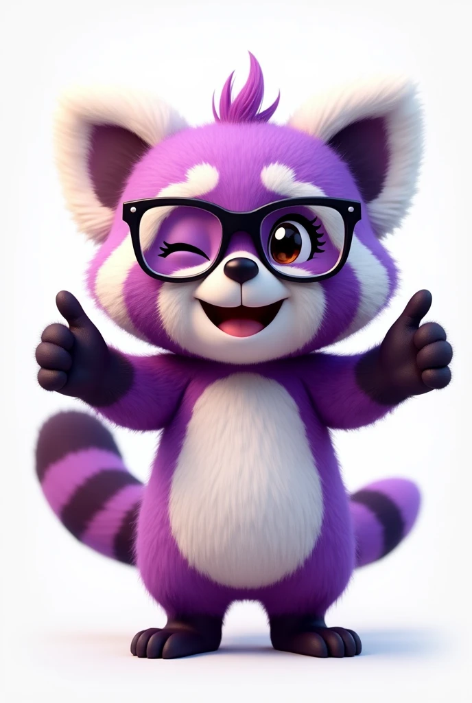 The image depicts a cartoon character that is a red panda with purple fur and cartoon design., standing. He wears black-framed glasses and has a friendly, playful expression., with a smile and one eye winking. The character&#39;s paws are raised, Making a sign of "great" (thumbs-up). The character has a white snout and belly., with purple fur and dark purple stripes on the tail. The image conveys a feeling of fun and friendliness..