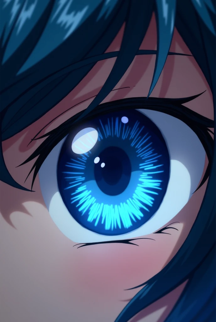 Create an anime style eye power make the pupil different types of blue, Make it more epic and much more attractive