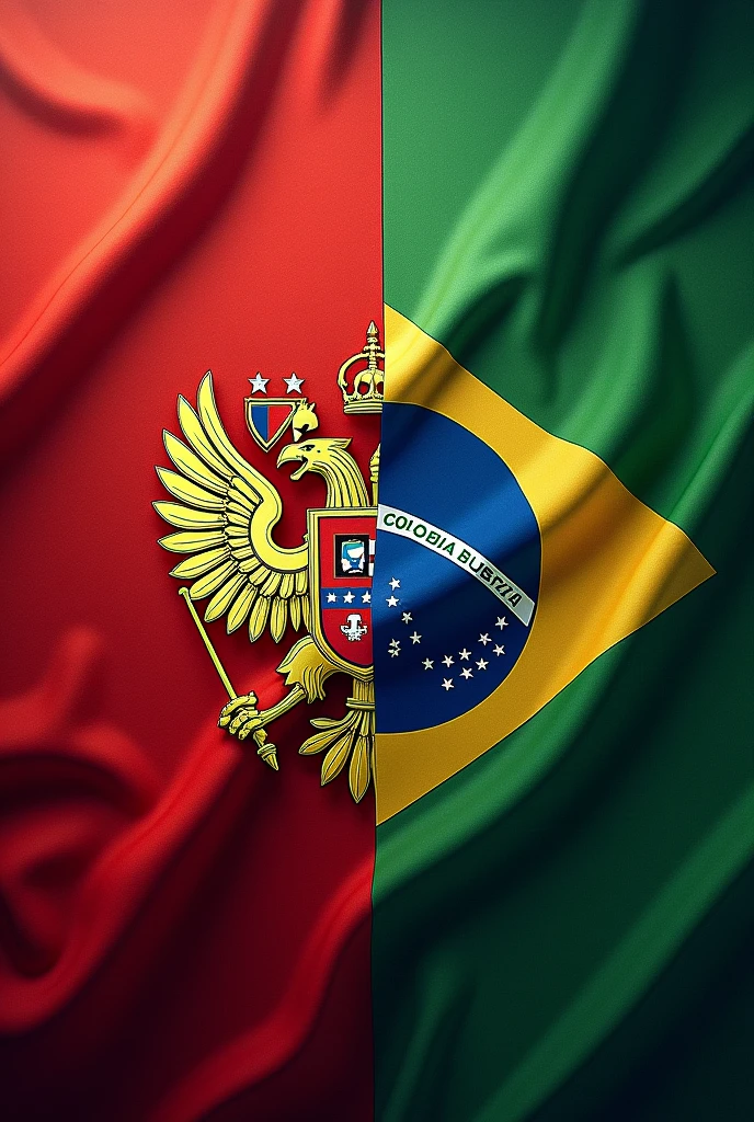 Create a flag of Russia and Brazil written From Portuguese to Russian red and green and blue