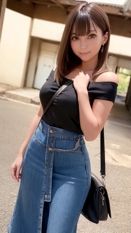 ((pencil long denim skirt:1.3))、Short sleeve short black T-shirt、sneakers、No sleeve、belly button、Cleavage、One 1 girl、Slim body、Ample waist circumference、Narrow waist、Medium breast、Bob Hair、Masterpiece:1.3、Raw photo quality、Highest quality、Detailed Images、On school campus、Walking、Detailed Background、((Shoulder bag、Paisura:1.3))、