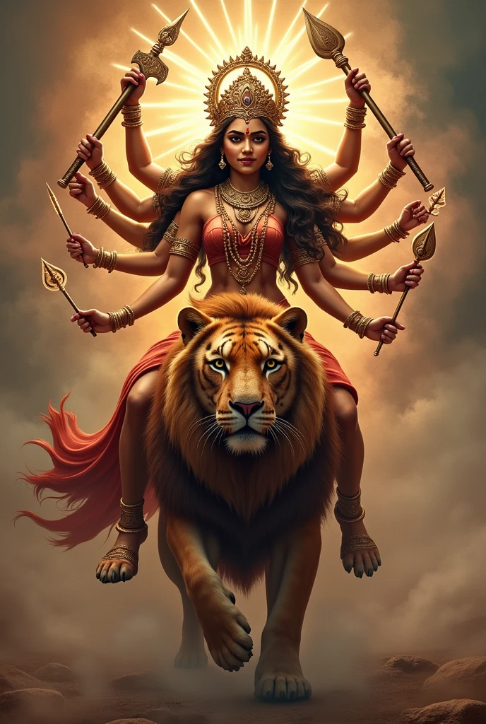 Goddess Durga is one of the most revered and celebrated deities in Hinduism. She embodies the divine feminine energy and is often associated with strength, protection, and the triumph of good over evil. Here are some key aspects of Goddess Durga:
### Symbolism and Iconography
1. **Form**: Durga is usually depicted riding a lion or tiger and wielding a variety of weapons in her multiple arms, each symbolizing her ability to combat various forms of negativity and evil.
2. **Ten Arms**: In her most common representation, she is shown with ten arms, each holding a different weapon given to her by the gods, symbolizing her omnipotence.
3. **Appearance**: She often has a compassionate and fierce expression, resonating with both nurturing and powerful qualities.
### Festivals
1. **Durga Puja**: Celebrated predominantly in West Bengal and other parts of India, this festival honors the victory of Goddess Durga over the buffalo demon Mahishasura, symbolizing the victory of good over evil. It usually takes place in the month of Ashwin (September-October).
2. **Navaratri**: A nine-night festival dedicated to the worship of Goddess Durga, featuring various rituals and cultural performances.
### Mythology
1. **Victory over Mahishasura**: The most popular mythological narrative of Durga is her battle against the demon Mahishasura, who was granted a boon that made him invincible to gods and men. In response, the gods combined their powers to create Durga, who defeated him and restored cosmic order.
2. **Representation of Shakti**: Durga is often seen as a representation of Shakti, the feminine energy that empowers, nurtures, and protects.
### Cultural Impact
- Goddess Durga has inspired countless works of art, literature, and dance, reflecting her importance in various forms of cultural expression in India and beyond.
- She is also seen as a symbol of women's empowerment, embodying qualities such as courage, resilience, and wisdom.
Goddess Durga holds a special place in the h