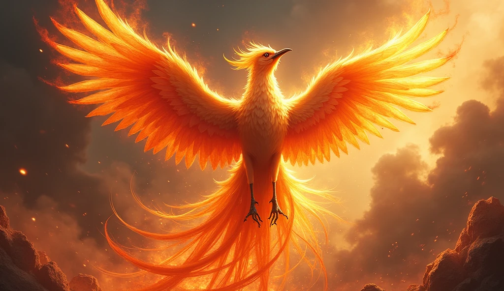 A phoenix rising from ashes, glowing with new life and strength, representing rebirth and unanticipated triumph.