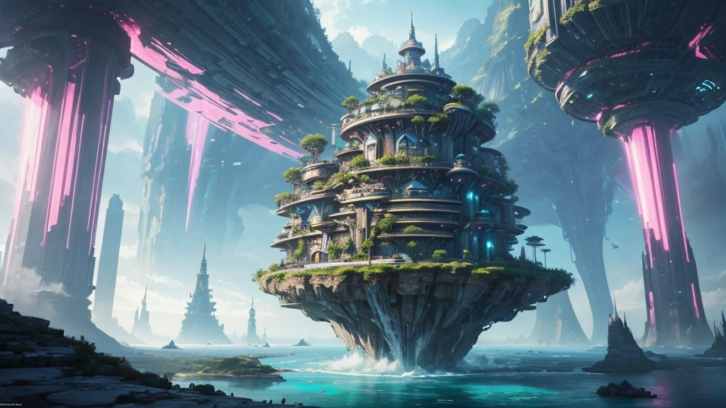 ((masterpiece)),((Highest quality)),((High Detail)),nobody,background, A circular platform floating in the air，Cyberpunk futuristic city in the middle of a waterfall, anime style painting, Epic fantasy sci-fi illustration, Sci-Fi Fantasy Wallpapers, Impressive and fantastic landscape, Future Utopian Fantasy, Epic dreamy fantasy landscape, mystical sci-fi concept art, Unreal Engine Fantasy Art, Detailed fantasy digital art, Wide angle fantasy art, Futuristic Setting, Symmetrical fantasy landscape, Futuristic Palace，Color Pink Blue Green