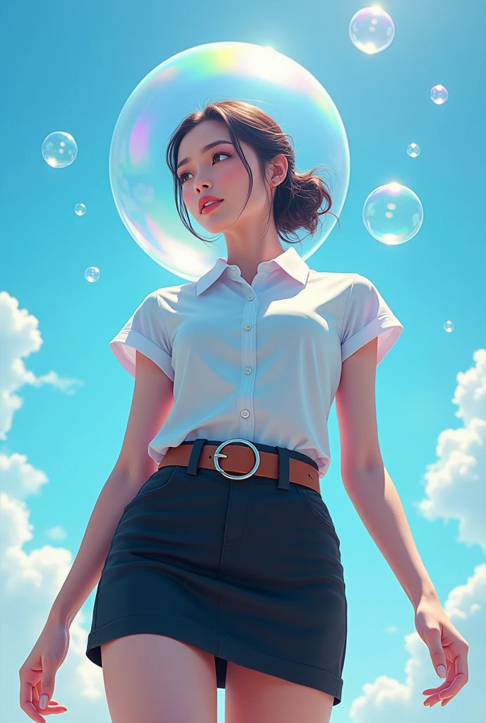 25s invisible woman with bubble head, Thai university uniform, black tight slit mini skirt, slim and perfect figure, medium breasts, emphasize on breasts and hip and bottoms and thigh, rule of thirds, white tight between cap-sleeve and short-sleeve button up shirt for woman, white sneakers, brown suede belt, silver modern canvas belt buckle, silver shirt buttons, dynamic compositions, slender, bubble head, bubble arms, bubble legs, rainbow refection on bubbles, blue sky background, sun behind, surreal, abstract