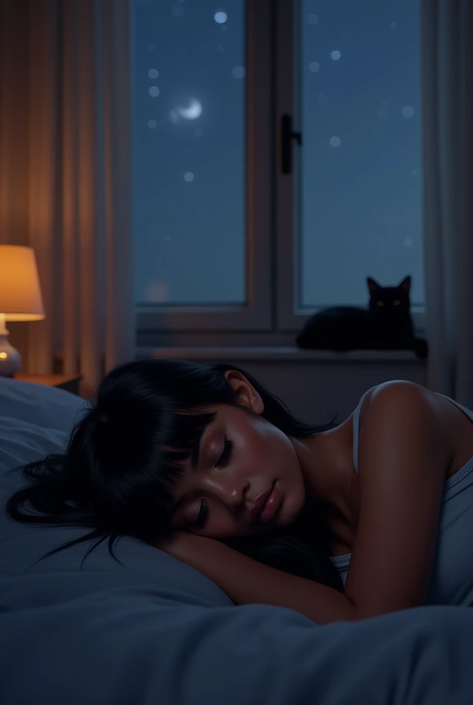 uma negra,sleeping in his dimly lit room,leaving only her straight black hair and bangs visible,your window is open at night,view of the whole room,a black cat sleeping on the bed,realisitic
