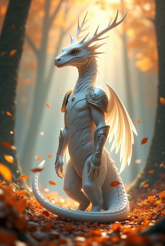 a slim humanoid white dragon with grey belly standing, wearing half plate armor, autumn forest background, celestial, light, creative.