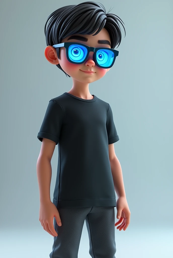 A boy in a black t-shirt, Dark grey pants and futuristic blue glasses that reflect a mini animation-style face from the animated series, "Gravity Falls"
