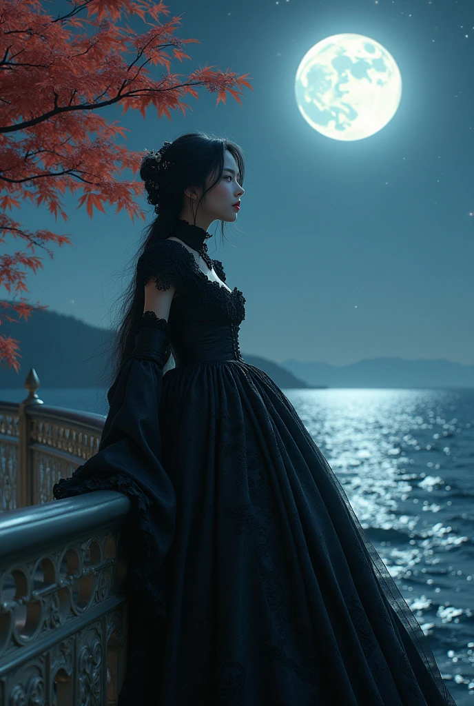 a Japanese girl, smoking a cigarette, wearing Victorian gothic clothing, leaning on a large bridge near the sea, looking at the starry sky on a full moon night, with carob trees in the background