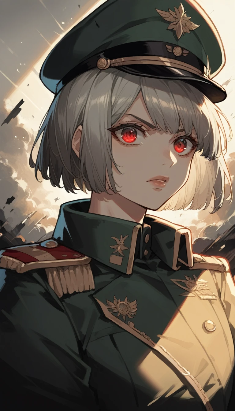 score_9, score_8_up, score_7_up, source_anime, best quality, amazing quality, absurdres, very aesthetic, 1girl, beautiful detailed eyes, beautiful detailed lips, military caps, military uniform, red eyes, short hair, grey hair, Bob Cut, a girl showing scared, serious expression, side view, she looks up, dynamic angle. perfect dynamic composition, foreshortening, volumetric lighting, Detailed background, Cinematic lighting, Sunlight, muted color palette, background: destroyed city after war,