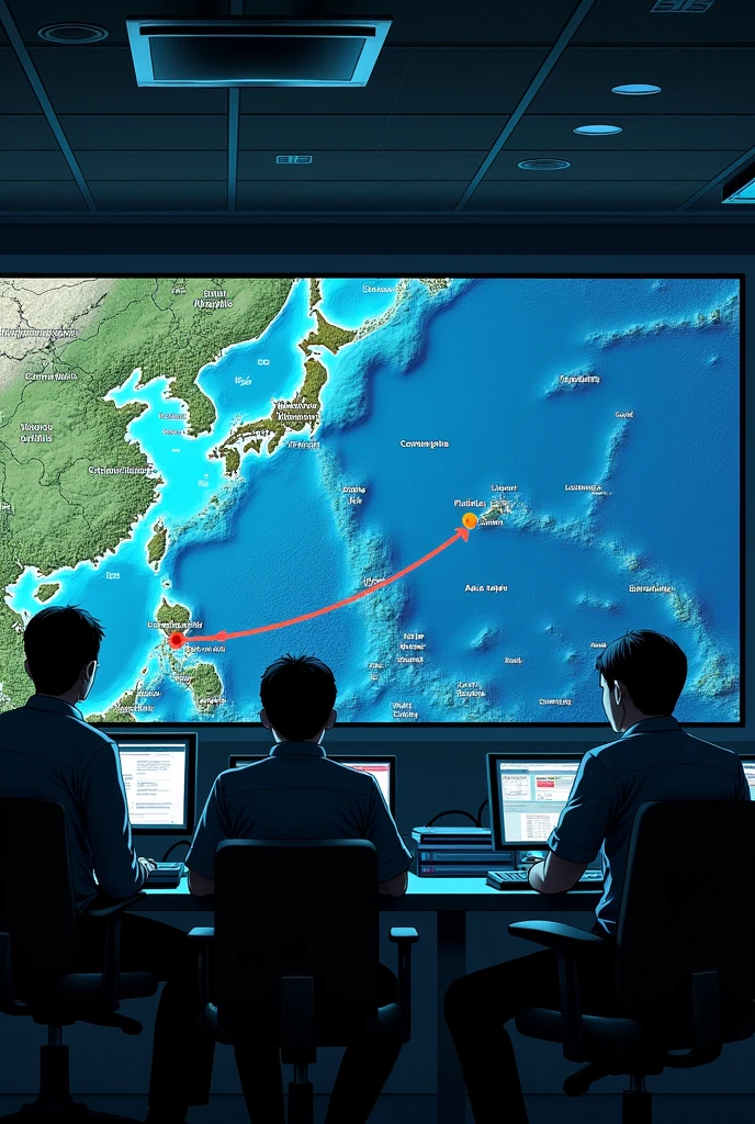 A typhoon path forecast is displayed on a TV monitor.