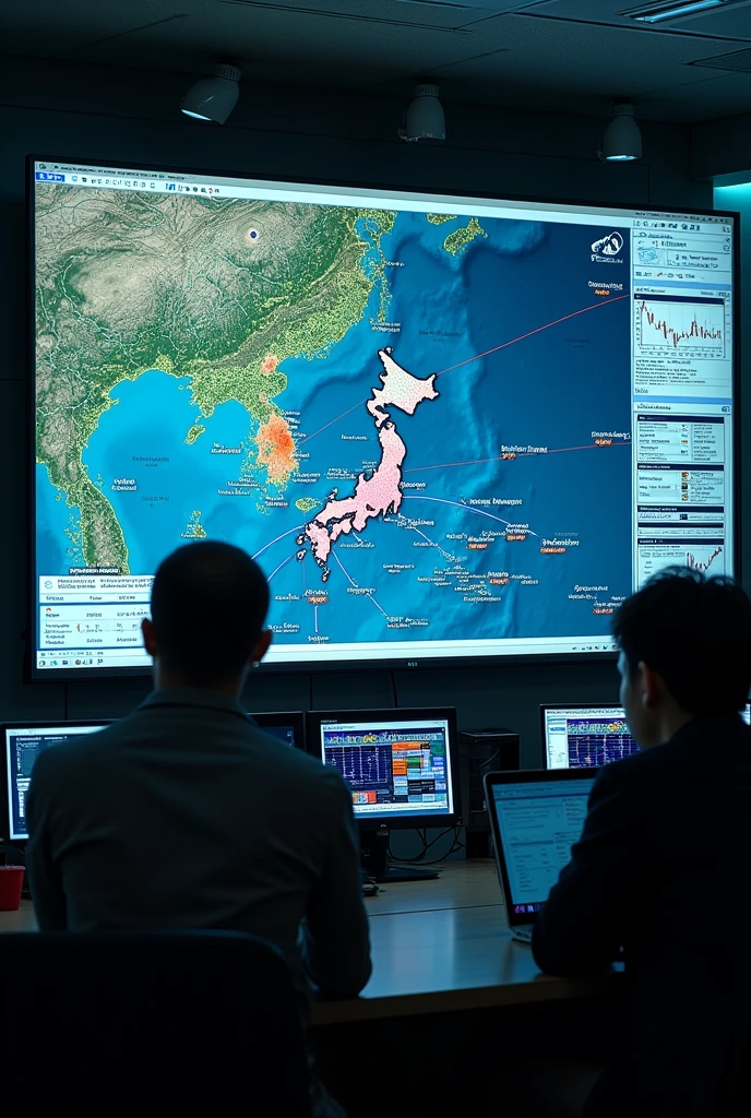 A typhoon path forecast is displayed on a TV monitor.