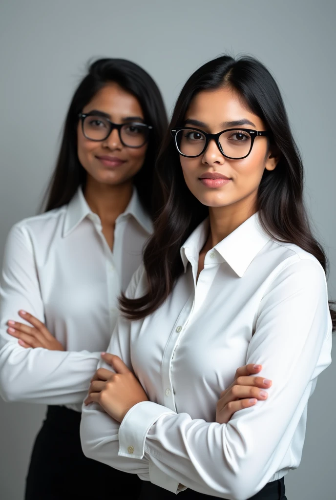 A 2 indian woman with side parted dark mid length hair, white skin, oval face and no smile, she is wearing a fully buttoned white shirt blouse and black small  rectangular glasses facing the front showing full torso and posing for linkedin profile