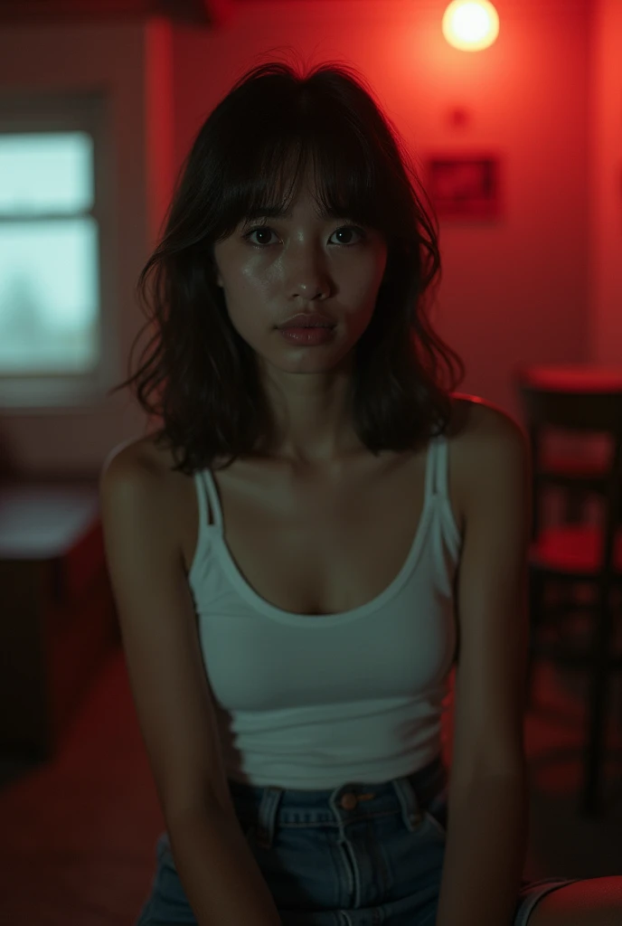 girl、 analog film photo, (Create a realistic and photorealistic photo image)、whole body、White tank top、Dimly lit place、Red light、Sitting、blur, tint, depth,