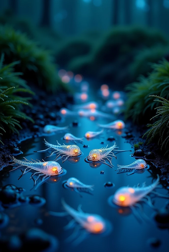 highly detailed macro shot of the complicated happy miniature  luminiscent life in a puddle, at night 