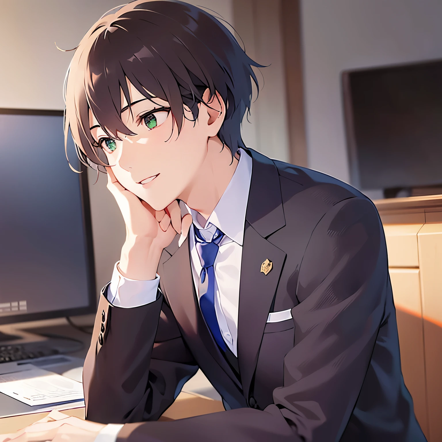 side angle, Close-up of your face、shiny skin, (looking away:1.5)、masterpiece、Highest quality、(2 male:1.5) and (Brown short hair) and (Green Eyes), (Wearing a suit:1.3) and (Blue tie)、Sitting、computer、smile、Background is an office room、(Alone:1.5)、Upper body is shown、