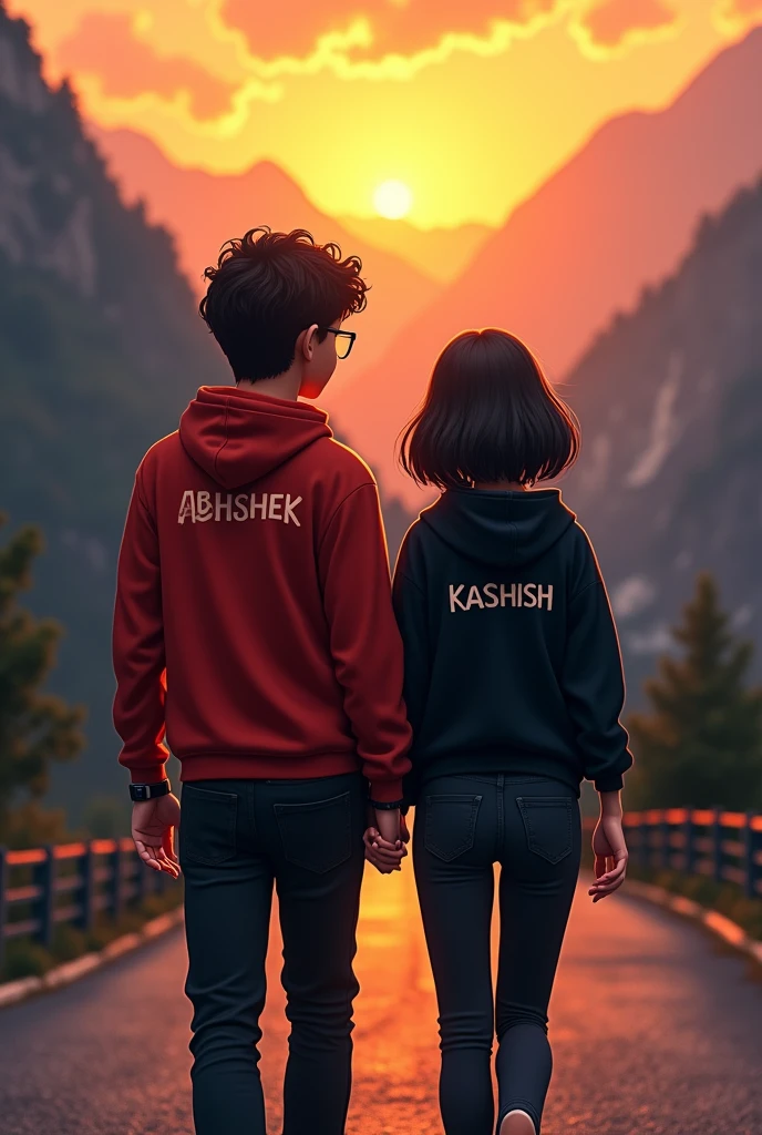 A handsome sad boy, and a beautiful sad girl walking together on mountains street , boy wearing red hoodie, black jeans, Curley hair, wearing watch, and eyeglasses, girl wearing black jeans, black hoodie, short silky hair, evening sunset, mountains street in background, evening sunset, written 'Abhishek' in backside of boy jacket, and written 'kashish' in backside of girl hoodie. Boy and girl holding each other in stylish Alphonse Mucha