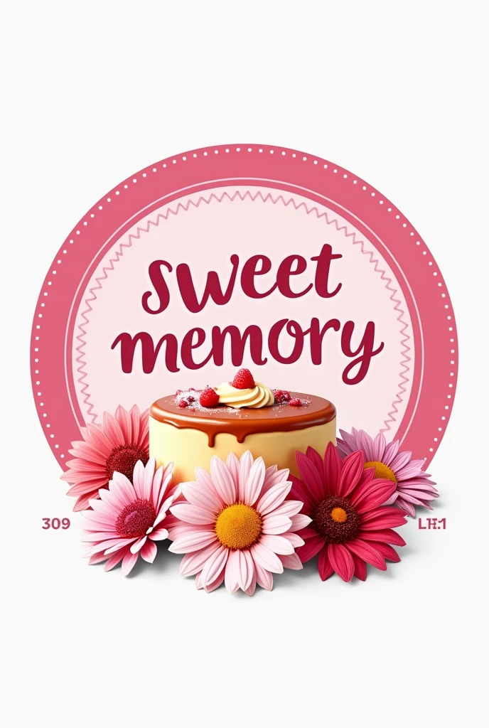 Create a logo that has a pink circle but only the perimeter is that color, inside the circle, I want there to be a cake and on top of the cake to have the sign Sweet Memory, It has to have the slogan flavors that make you remember and outside the perimeter of the circle that have flowers (flores dalias) , but the signs in Spanish, With more quality