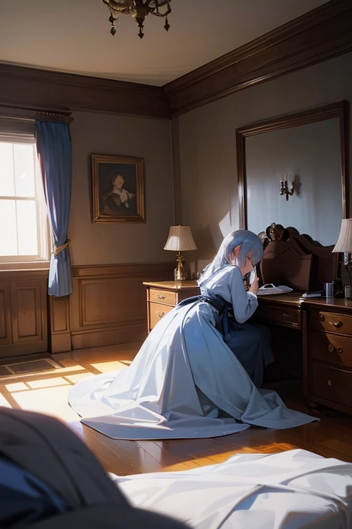 In a room in a Western-style mansion on a hill in a foreign country,1 girl, alone, Female college student,Akane,Blue and silver hair, I close my eyes because I'm blind,White shirt, sweater, ((Anime Style))、((2D))、(((ponytail)))、,