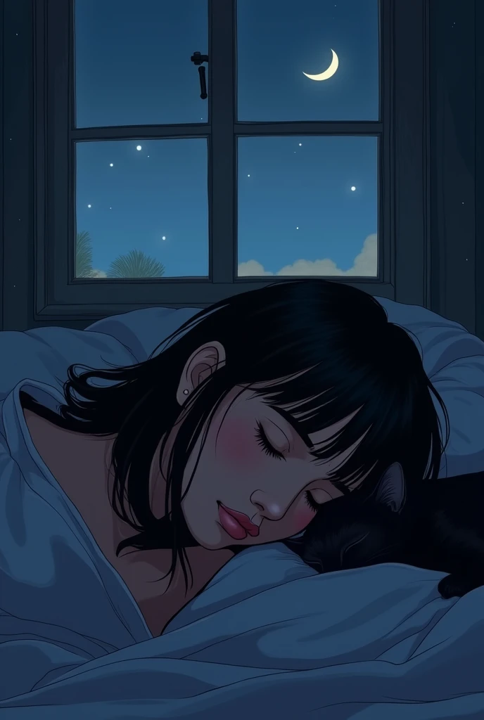 uma negra,sleeping in his dimly lit room,leaving only her straight black hair and bangs visible,your window is open at night,view of the whole room,a black cat sleeping on the bed,manwga