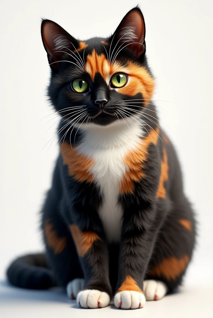 Make a realistic tortoiseshell cat (black color, orange and white), green eyed. That it is female and that it is an adult cat.
That has a black nose.
The black muzzle with small white spots on both sides.
And most of the face is black but with some orange spots.
Also that he has many spots all over his body.
The white colored legs
