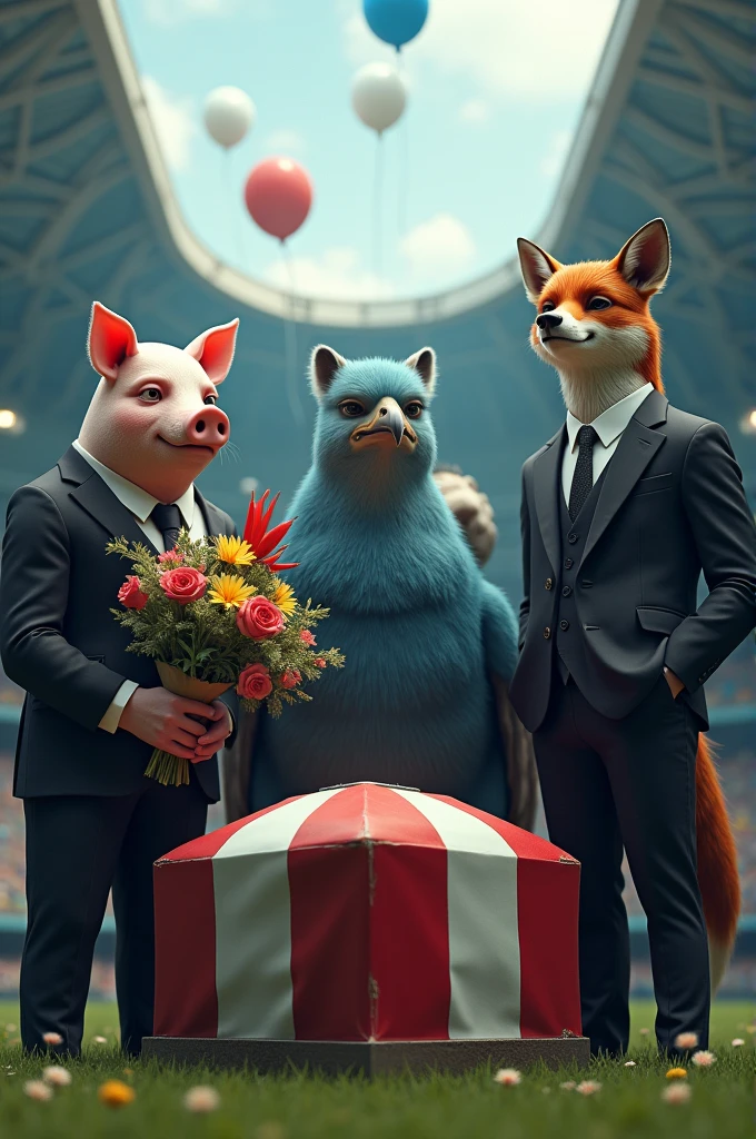 A muscular pig, puffed out chest, black suit, holding flowers, inside a soccer stadium, next to a muscular rooster bird, black suit, next to a blue male fox, muscular, puffed out chest, black suit, next to a muscular vulture bird, puffed out chest, black suit, everyone is sad seeing a coffin with a flag over it in the colors blue, white, red, black balloons flying in the wind, generate high quality 3d image, 8k