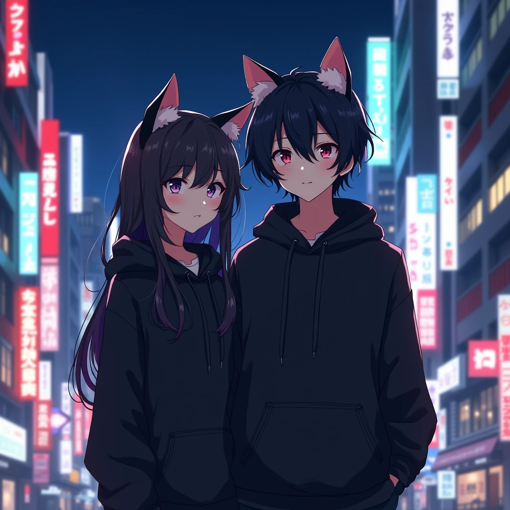 couple anime wearing black hoodie, 
with cat ears, in japan citylights background, and the girl is black long hair