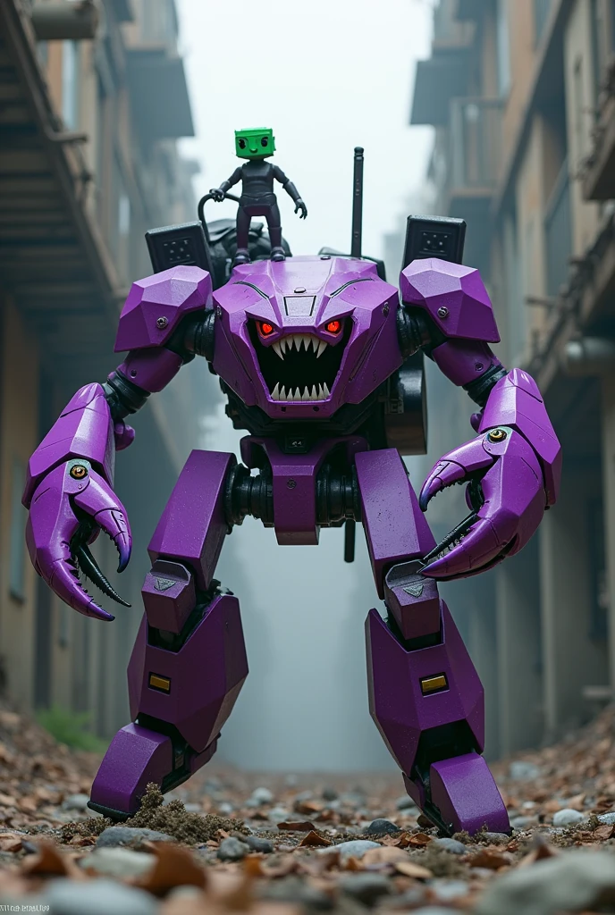 a highly detailed hexagonal prism robot with crab-like legs, red eyes, sharp teeth, a purple crab-shaped body, floating and flying. claw hand. high tech design. hulkbuster body. mecha robot. big bazooka.bettle dame effect. tilt shitfed photografer
