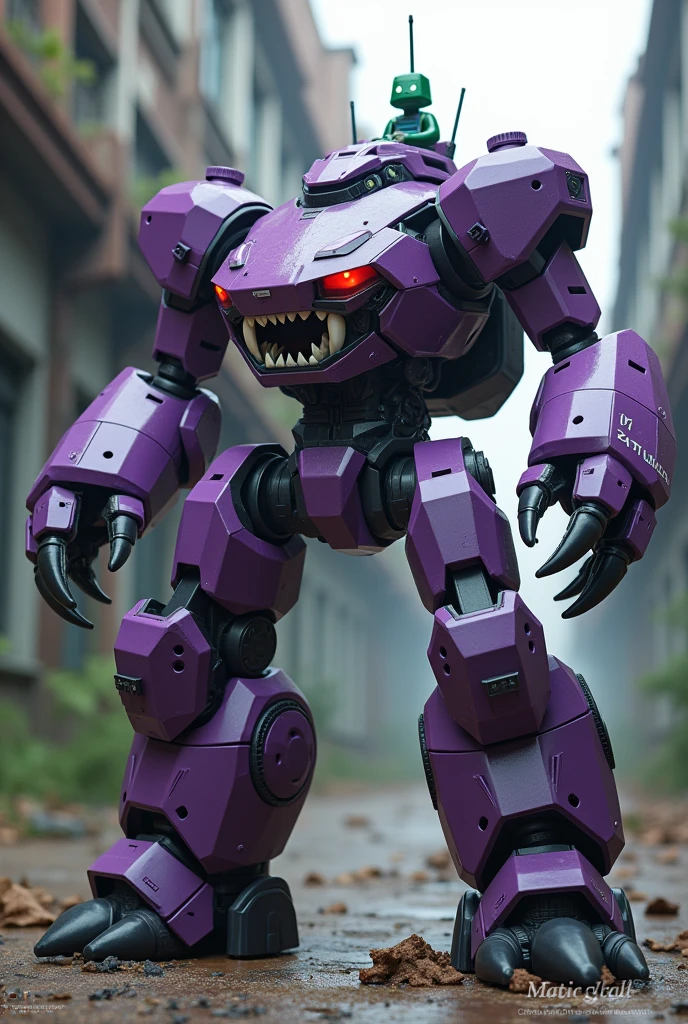 highly detailed hexagonal prism robot with crab-like legs, red eyes, sharp teeth, a purple crab-shaped body, floating on air. claw hand. high tech design.. big bazooka on back pack.oysters shape..purple and silver color. Claw machine arm. Small green guy cube head with antenna on control panel. Real. 4k full hd. High contrast. High shutter speed. Metal zoid concept. Power ranger megazord. Gundam barbatos legs. Tuning pose. Punching pose. Background on abandoned building