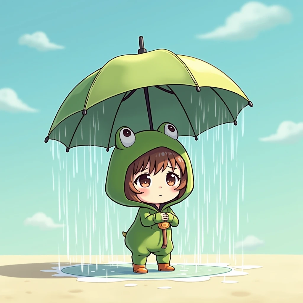 Absurd and surreal scene. ultra-small deformation, Chibi Cute, 1girl, solo, full body. It is sunny day. A Frog costume girl holding an umbrella and wearing rain boots. Only inside the umbrella, It is downpour and She is soaked wet. Confused expression, High contrast and vivid color, simple background
