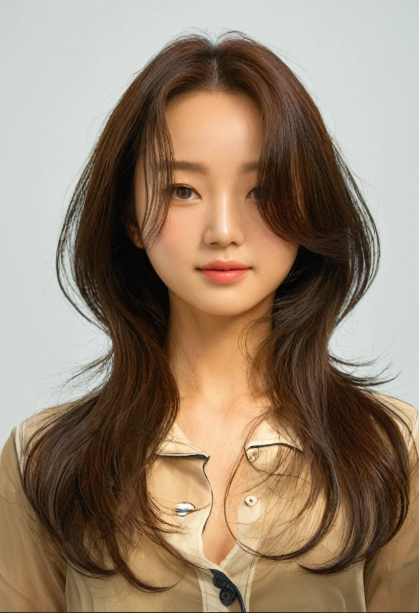 Best Quality, 8k, Masterpiece, (Portrait: 1.3), (photo realistic:1.4), (hyper realistic:1.4), Sharp Focus, looking at viewer, (smoother lighting:1.1), (increase cinematic lighting quality:0.9), realistic lighting, backlighting, light on face, ray trace, (brightening light:1.2), (Increase quality:1.4), sharp detail, (best quality real texture skin:1.4), finely detailed eyes, black_eyes, finely detailed face, 2 Korean woman, (white formal_shirt:1.4), (Create an image maintaining the original base model hairstyle:1.5)