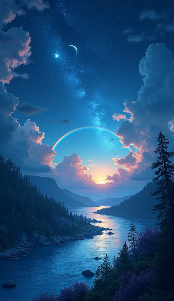 There is a ashy blue night.looking very magical. A star is more twinkle. Under the sky there is a amazing river. There is a rainbow near to horizone. It is night. But there is a rainbow. and also a eclips in one side. Its very imaginaty. But look like true. Should remember about rainbow and eclips