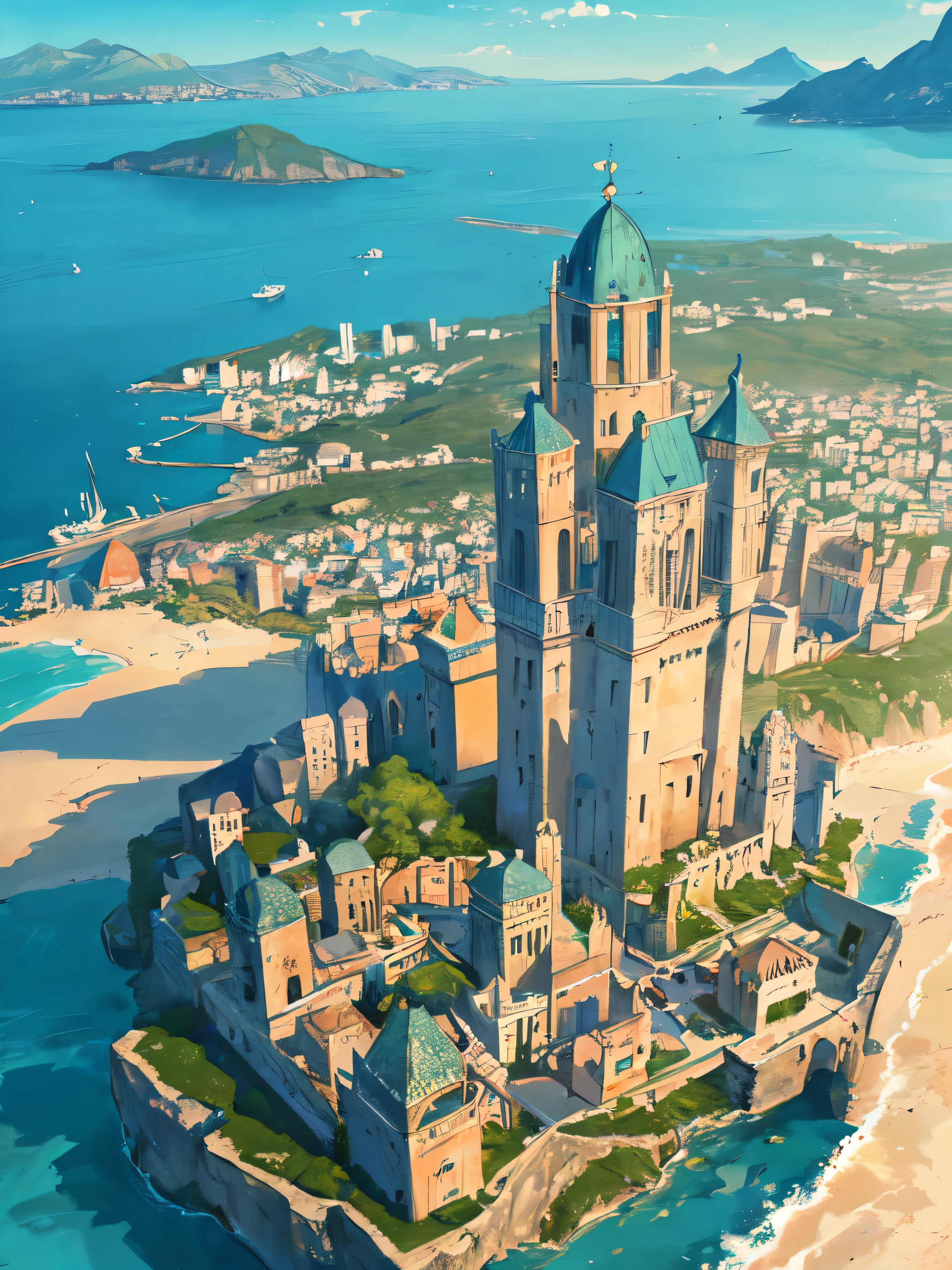 a tower overlooking a sprawling city on an island with Beaches and boats, very detailed 4k, Very detailed, very intricate, realistic landscape, Top down view. stormy weather, a distant view towards the horizon, ships and boats. Wild landscape. A fishing village in the foreground with fishing boats out to sea.. long angle shot, natural landscape, Beaches, forests, huge sprawling Greek city, in the style of an ink and watercolor drawing, (saturated pastel colors, colorful lighting:1.2), misty grey tones, beautiful lighting, Overheads,
