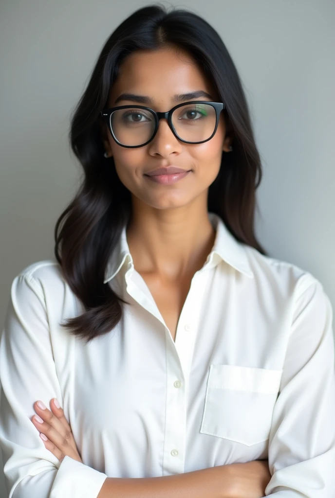 A 2 indian single woman with side parted dark mid length hair, white skin, oval face and no smile, she is wearing a fully buttoned white shirt blouse and black small  rectangular glasses facing the front and posing for linkedin profile