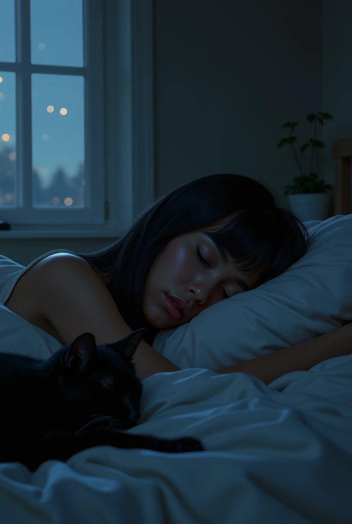 uma negra,sleeping in his dimly lit room,leaving only her straight black hair and bangs visible,your window is open at night,view of the whole room,a black cat sleeping on the bed,drawning