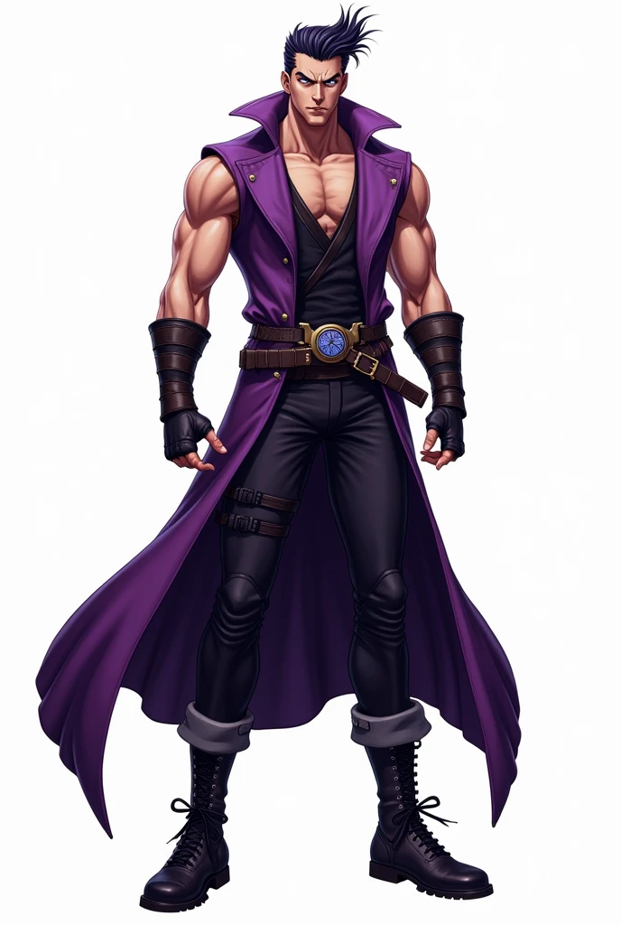 JJBA style, full body image, masterpiece, purple color palette, ultra-detailed, sleeveless trench coat, man, leather wristbands, White background, Tactical Boots, dragon ball radar on the head