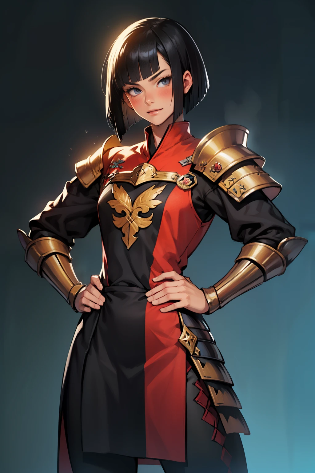 (high resolution, pixel perfect, gorgeous illustrations), (hyper quality, muste piece, etheric: 1.4), (((cowboy shot))), face focus, ((1girl)), (((Androgynous))), ((((hand on hip, open stance)))), cool atmosphere, black hair, ((((bob cut)))), (((Exquisite face, orgasm))), blush, ((female)), (ideal ratio body proportions, slender, small breasts), (((armor))), sweat, shiny skin, gleaming skin, simple background,