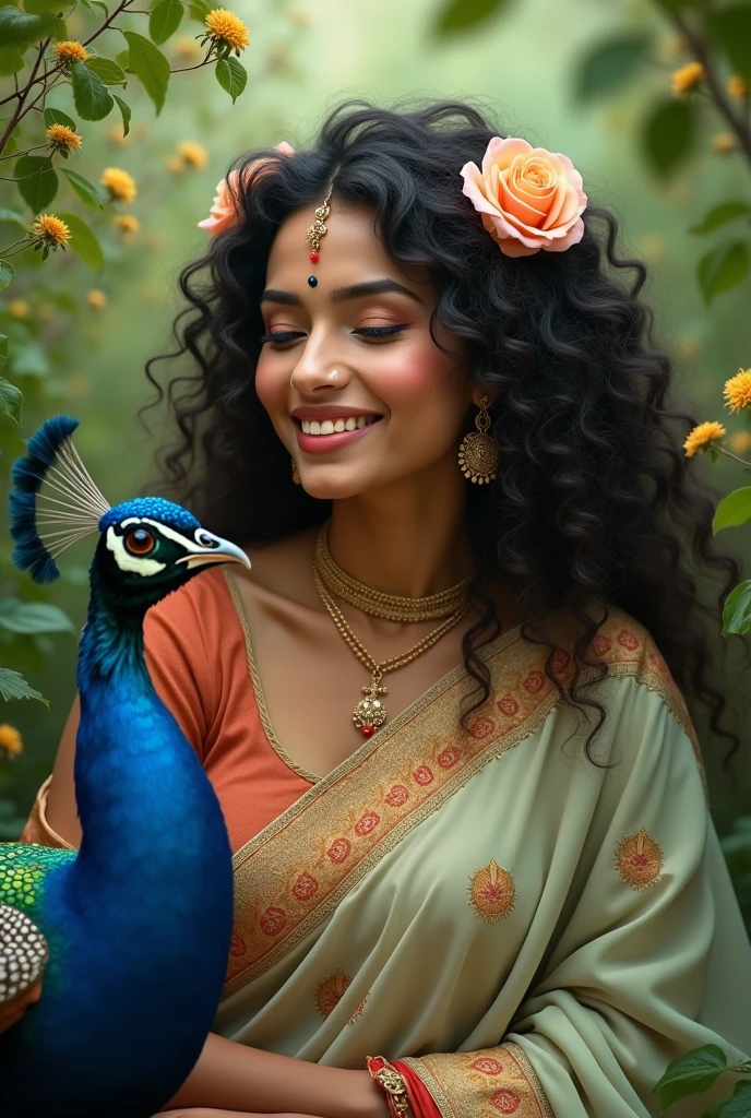 A bIndian woman with beautiful highly fair makeup wearing Indian traditional saree with curly fresh hippi hair with roses wearing feather of peacock with fair attractive face gentle loyal smile with full of joy surrounding by green scenery and a peacock 