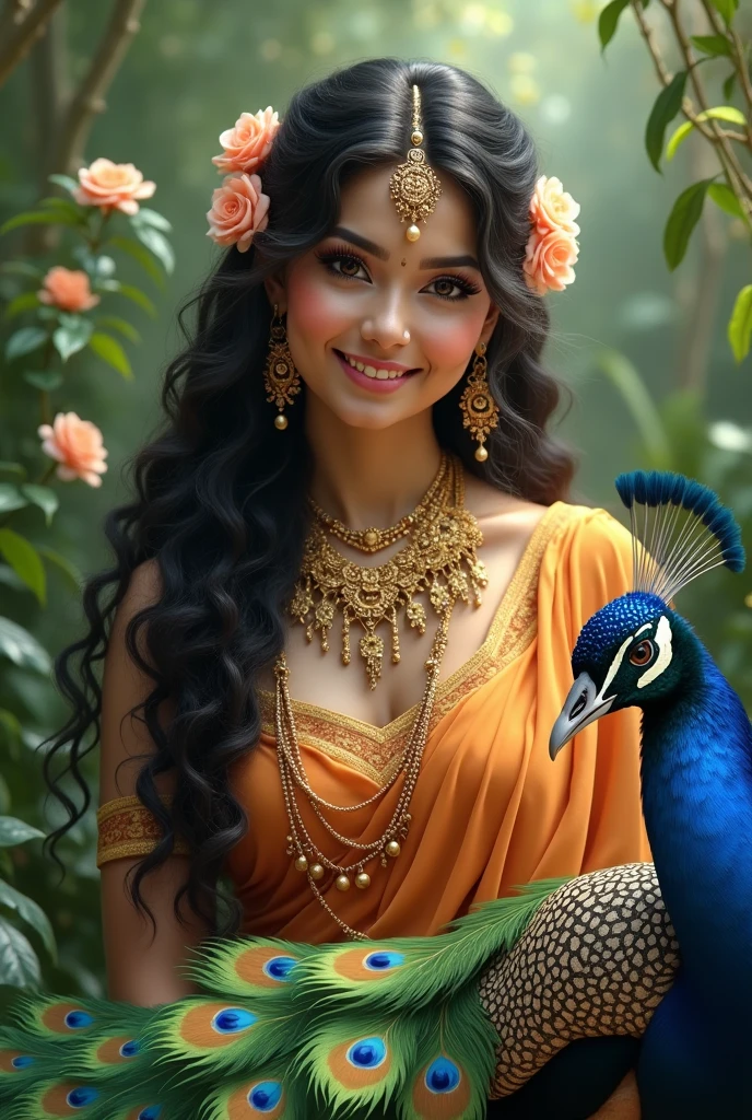 A bIndian woman with beautiful highly fair makeup wearing Indian traditional saree with curly fresh hippi hair with roses wearing feather of peacock with fair attractive face gentle loyal smile with full of joy surrounding by green scenery and a peacock