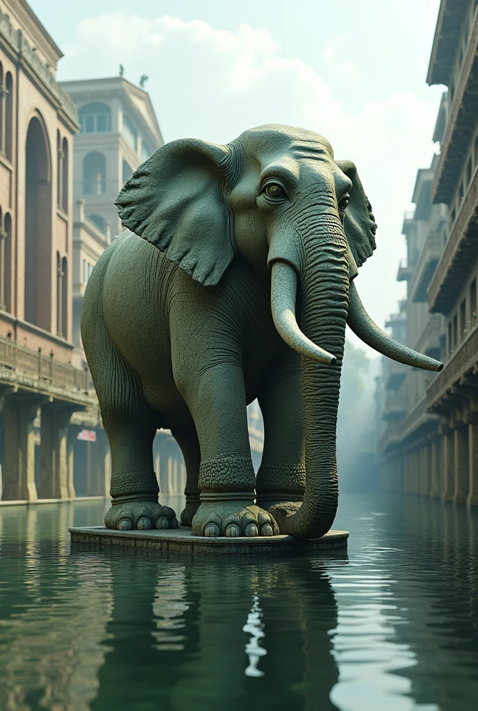 Carved stone elephant statue in the flooded center of Culiacan