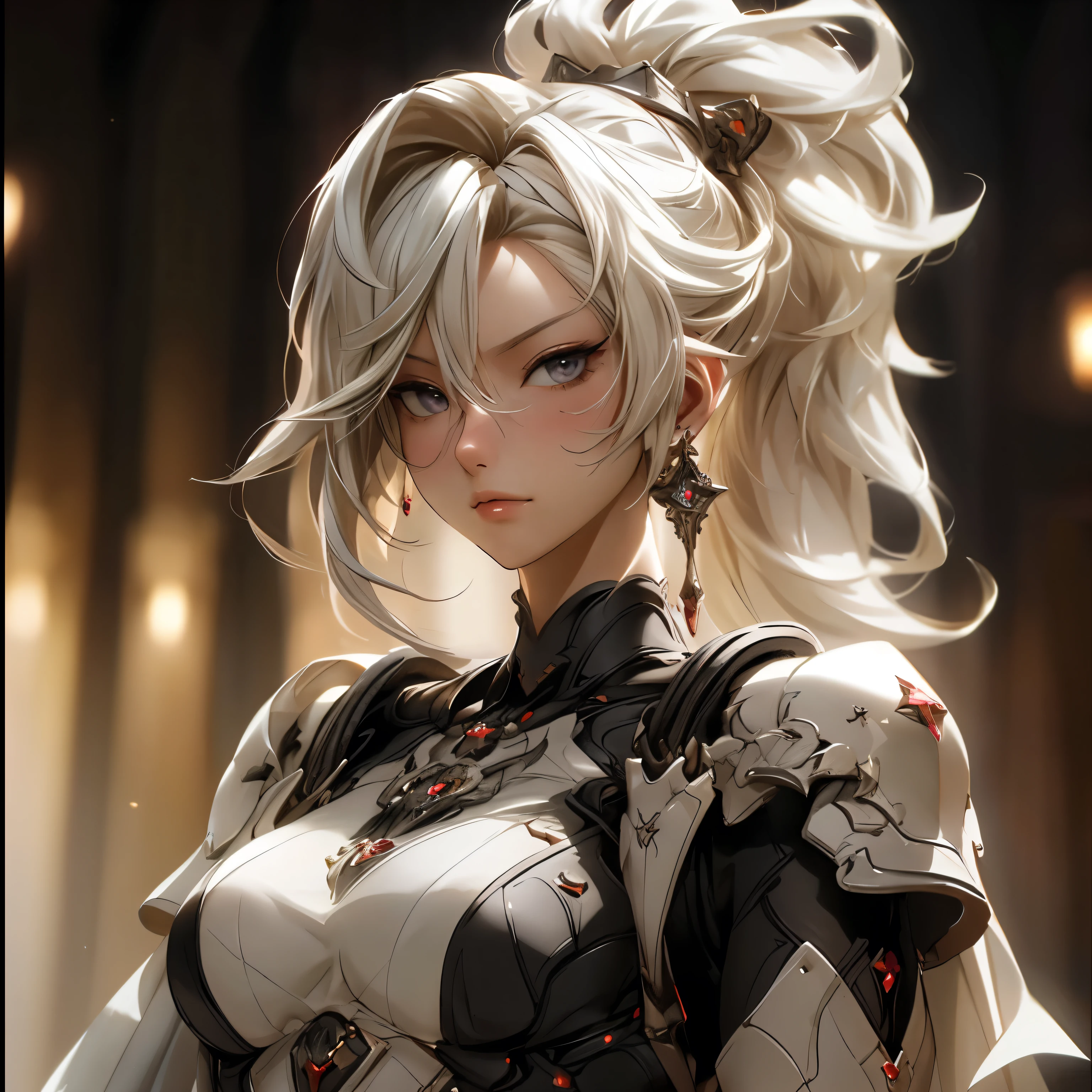 (best quality)), ((Masterpiece)), (details:1.4), 3d, HDR (high dynamic range), an image of a beautiful cyberpunk female, fantasy, Cyberpunk, Medieval, Blonde hair, Highi ponytail, Beautiful white eyes, จมูกโด่ง, ปากแดง, หน้าอกใหญ่, nvidia RTX, PBR surface, After processing, Anisotropic filtration,depth of field, Maximum clarity and clarity, multi-layered surface, Subsurface scattering, perfect proportions, 8K raw files, ultra detailed, Perfect proportions, volumetric lighting, soft lighting, Holy Paladin, Heavy Black Armor, glossy skin, intricate silver embroidery, chapel background, jewely, ต่างหู, นิ้วมือสมบูรณ์,