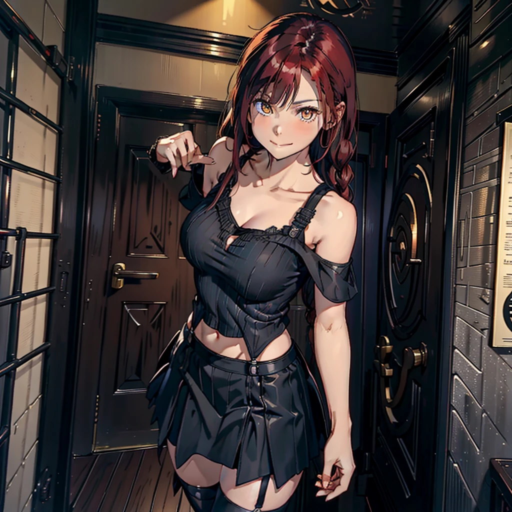 women, Natural redhead with 2 braids, honey yellow eyes, long black nails, chest a little big, mischievous smile, sinister smile, short black skirt, black off shoulder blouse, black shoes with boots, Whole body, standing at the entrance of a house leaning forward at the entrance of a door, plane from above, leaning against the door entrance.