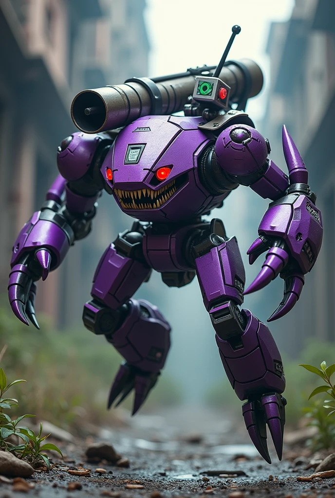 highly detailed hexagonal prism robot with crab-like legs, red eyes, sharp teeth jaw, a purple crab-shaped body, floating on air. claw hand. high tech design.. big bazooka on back pack.oysters shape..purple and silver color. Claw machine arm. Small green guy cube head with antenna on control panel. Real. 4k full hd. High contrast. High shutter speed. Metal zoid concept. Power ranger megazord. Gundam barbatos legs. Tuning pose. Punching pose. Background on abandoned building