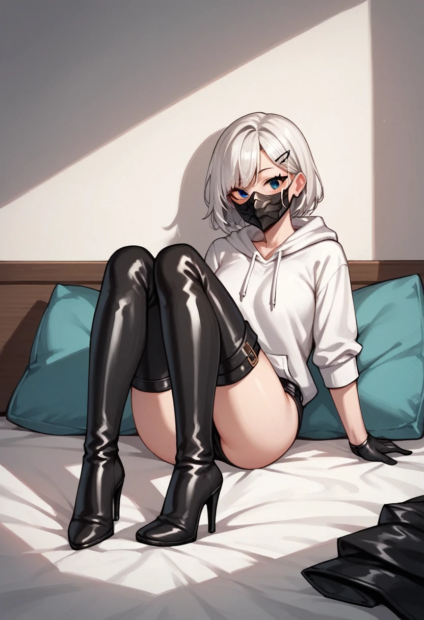 score_9, score_8_up, score_7_up, score_6_up, score_5_up, score_4_up, source_anime, 1woman, fair skin, She lay down on her back, Nice face, bed, white hair, hairpins, black eyes, leather gloves, mask, clean hair, white hoodie, thigh high boots, lacing boots, black boots, heels, room, best quality, best res, 4K UHD,