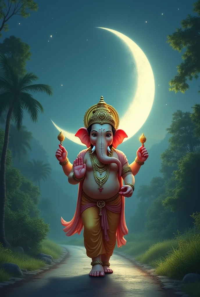 lord Ganesh walking in road with moon logo
add irakalgada gaja text